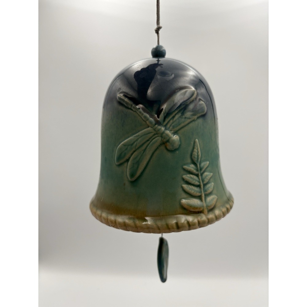 Wind Chime Blue Green Handmade Glazed Pottery Raised Dragonfly Fern